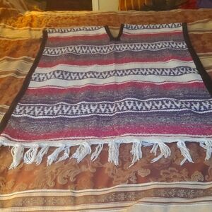 Vintage Colorful Striped Poncho with Fringe